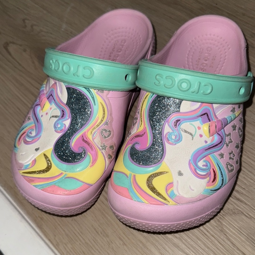 Crocs Kids Unicorn Clogs - Pink and Green Sz 1J